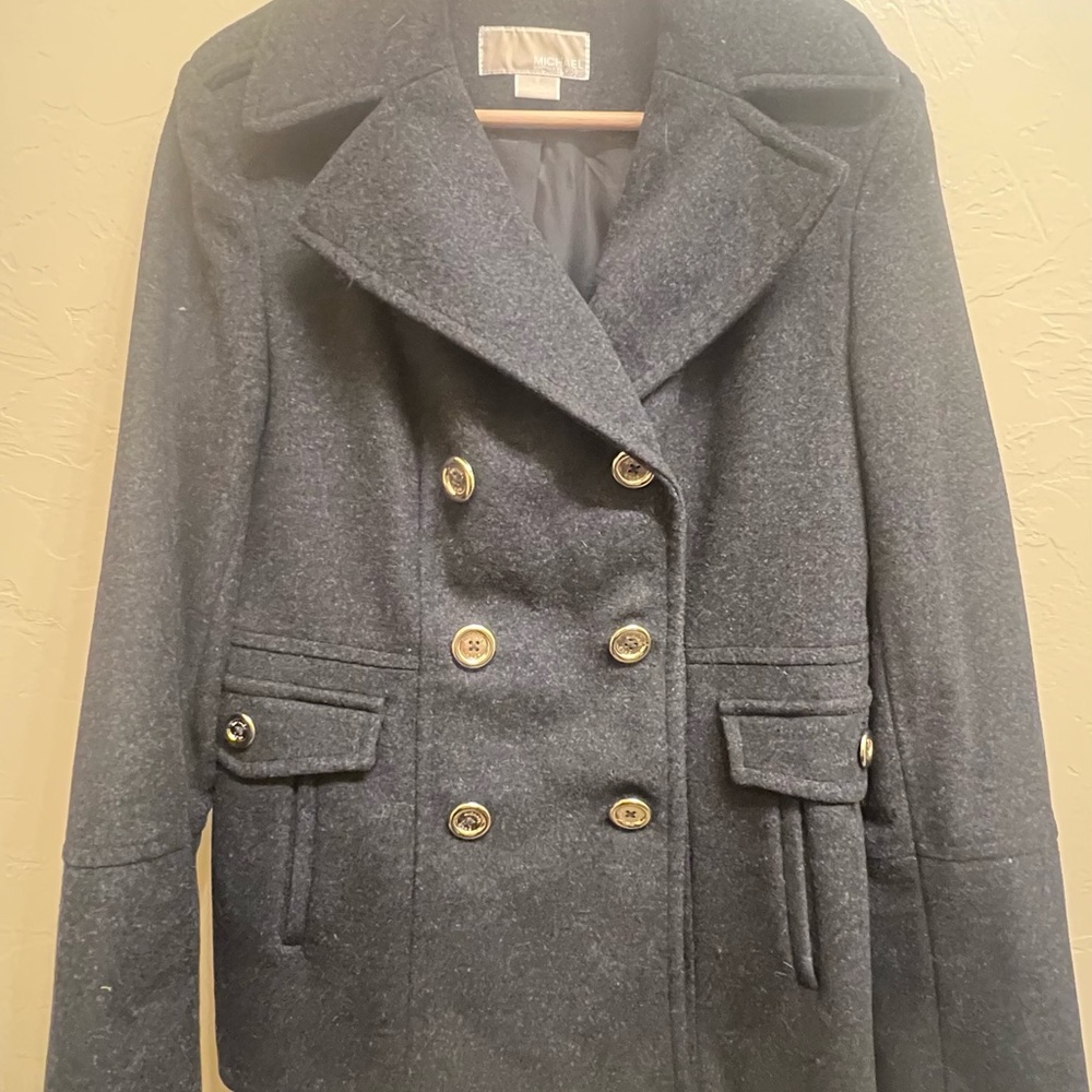 Michael Kors Dark Navy Wool Double-Breasted Peacoat with Gold Buttons